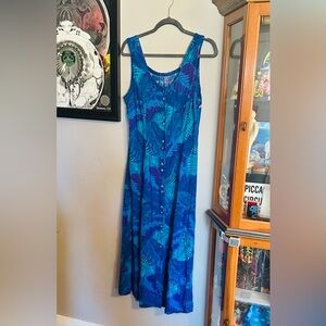 Sleeveless Blue and Green Hawaiian  Leaf Print Dress